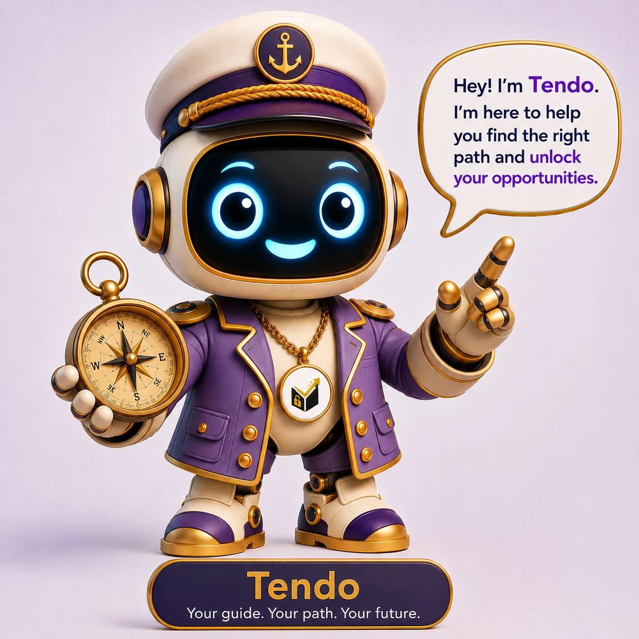 Tendo, Fungua's purple-and-gold robot guide